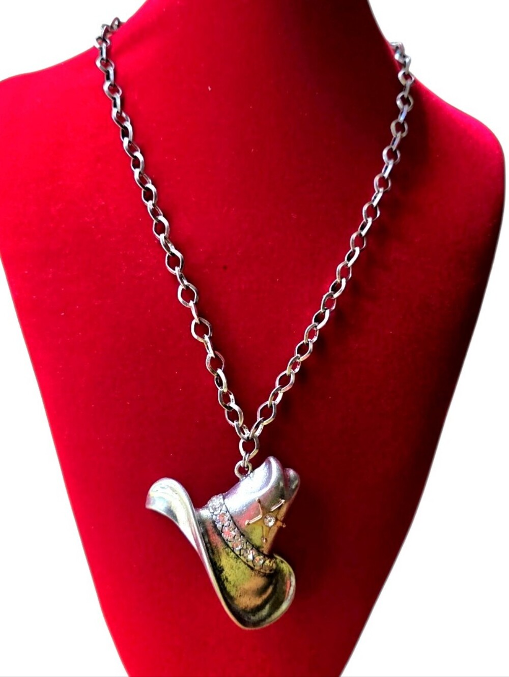 Silver-tone Western-Style Rhinestones Hat 3D Pendant Necklace Earring Set